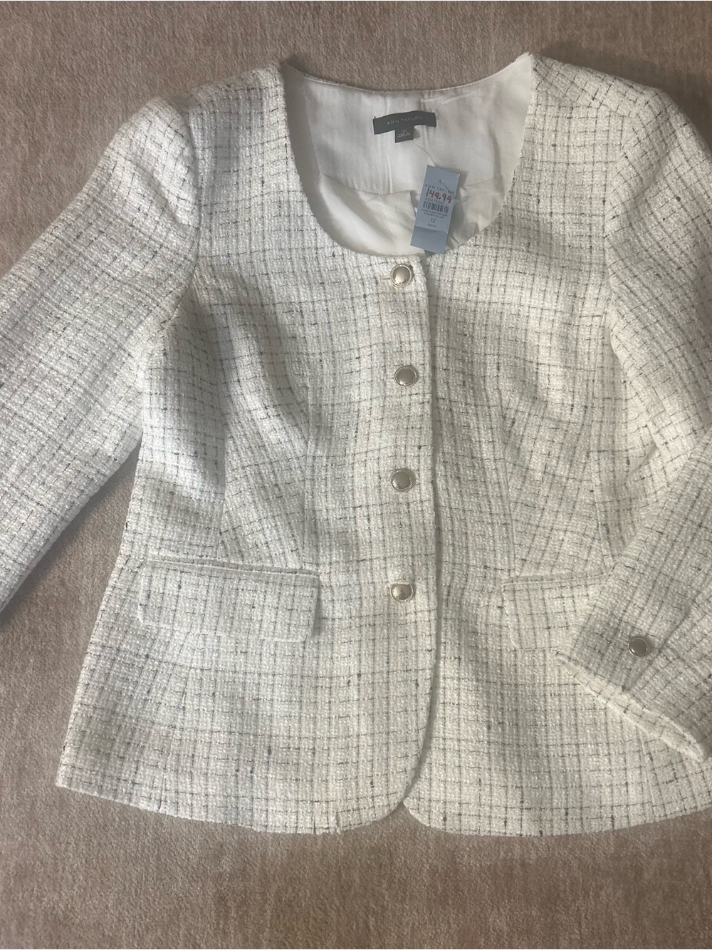 Ann Taylor White/Ivory Textured Tweed Button-Front Blazer